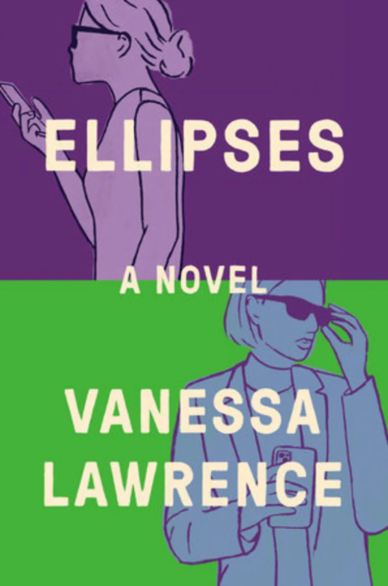 Illustrated book cover split in purple and green; person using smartphone, titled "Ellipses" by Vanessa Lawrence.