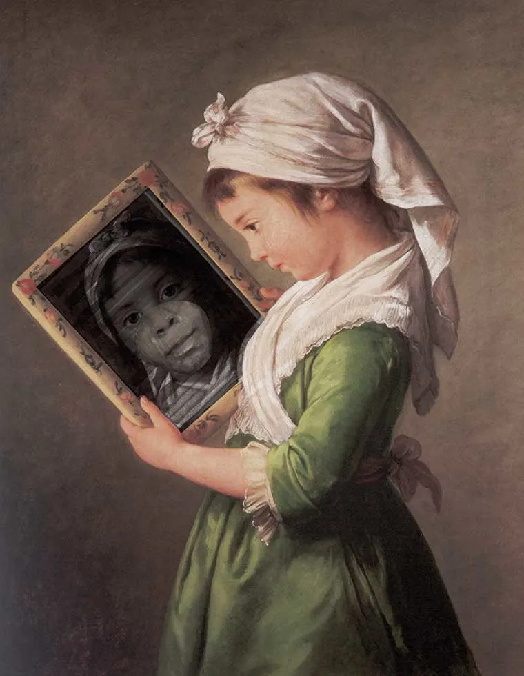 A person in a green outfit and headscarf holds a framed photo of a serious-looking child, contrasting the classic style with modern photography.