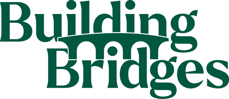 The words "Building Bridges" with a bridge graphic integrated into the letters, in dark green font.
