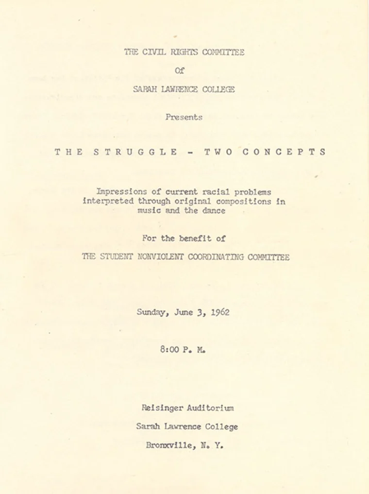 Event flyer for "The Struggle - Two Concepts," June 3, 1962, at Sarah Lawrence College, benefiting the Student Nonviolent Coordinating Committee.