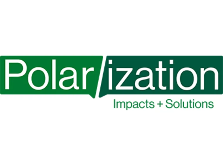 The word "Polarization" is split by a green slash, with "Impacts + Solutions" below, all in green text on a white background.