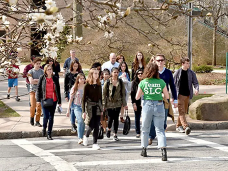 A group of people walking on a crosswalk guided by a person in a green "Team SLC" shirt, with flowering trees in the background.
