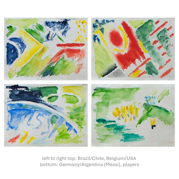 Four abstract watercolor paintings with vibrant colors and dynamic shapes, each depicting elements related to different countries and themes.