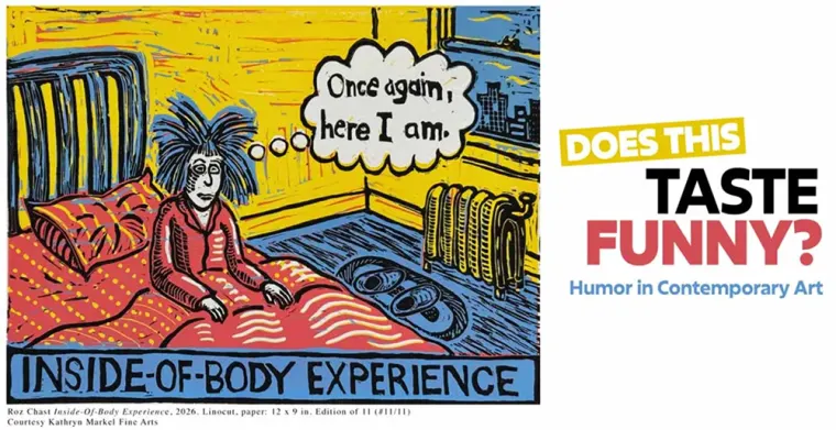 Cartoonish figure in bed with text bubble, "Once again, here I am." Text below reads "Inside-of-Body Experience." Exhibit title on right.