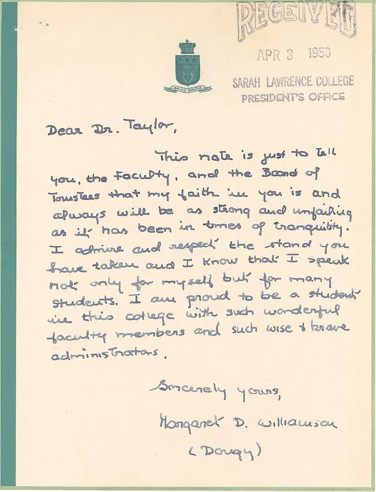 A handwritten letter from the Sarah Lawrence College President’s Office, dated April 3, 1953, expressing admiration and faith in leadership.