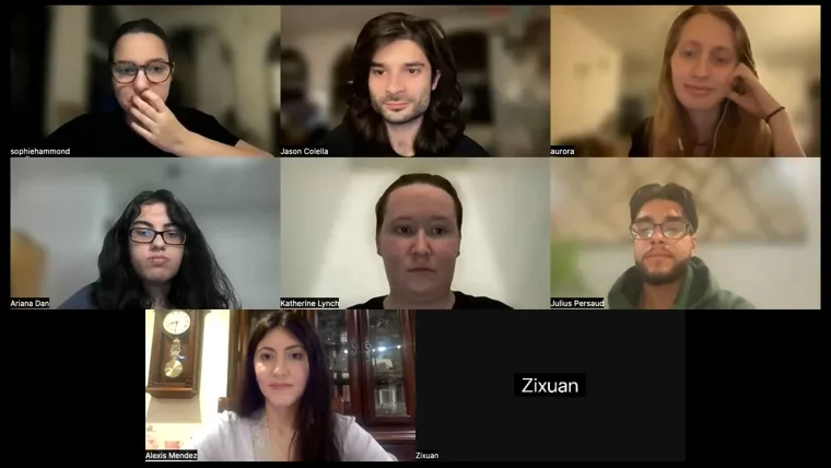 Seven individuals in a video call, with one black screen labeled "Zixuan."