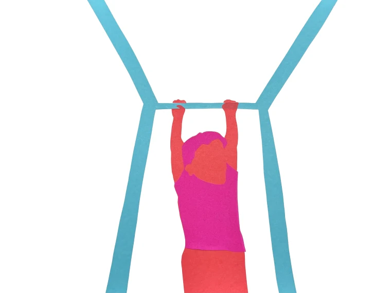 Person in pink and red holding onto a blue bar, depicted in a paper-cut art style, set against a white background.