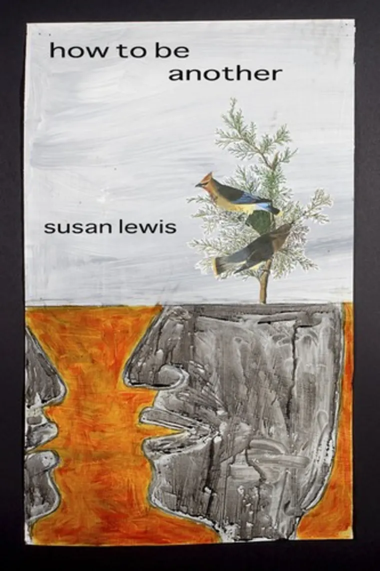 Book cover with two abstract faces, a tree, and birds. Text reads "how to be another" and "susan lewis." Background is orange and gray.