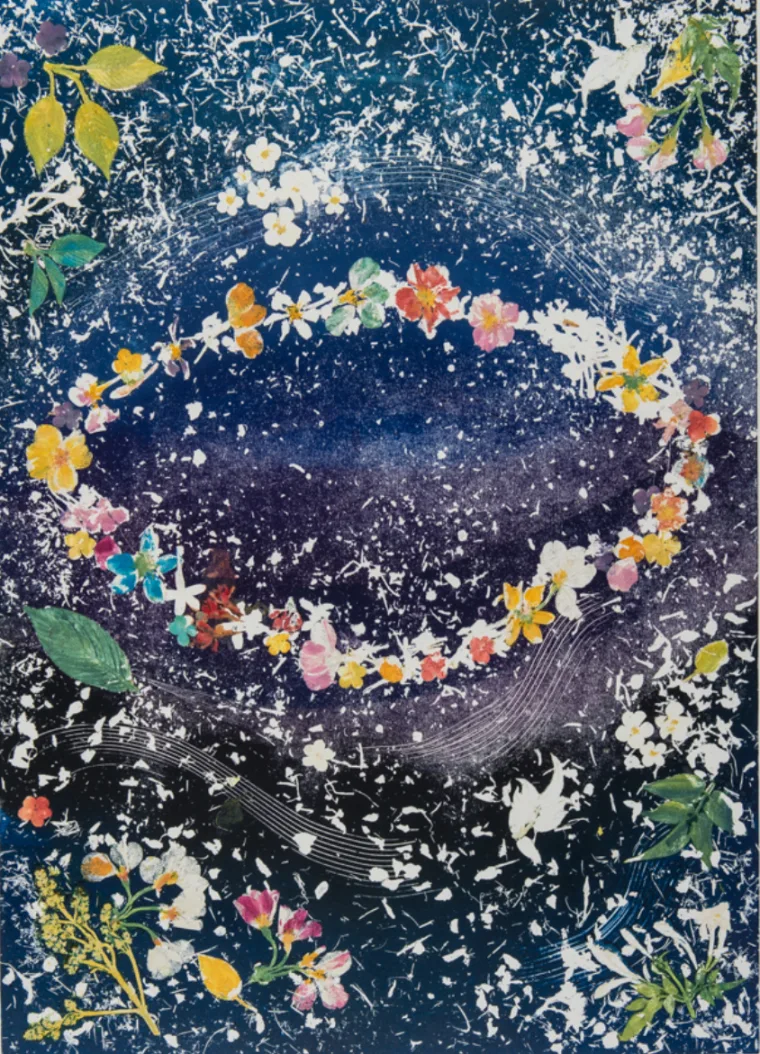 Colorful flowers and leaves form a circular wreath on a dark blue, textured background with scattered white speckles.