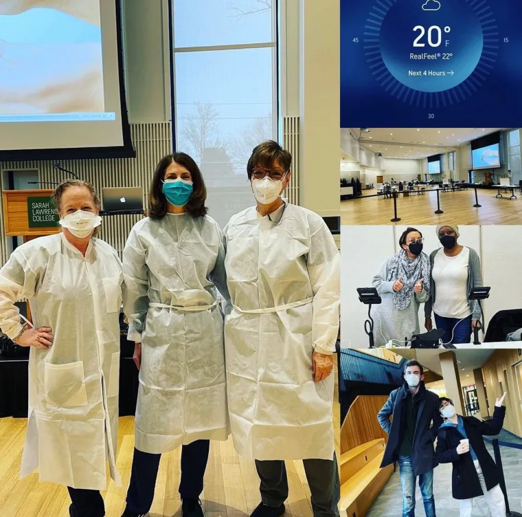 Three people in medical gowns and masks, a weather report showing 20°F, and scenes of a large indoor space with groups of people.