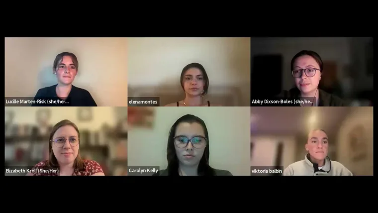 Six people in a virtual meeting, each in their own video frame. Names are visible on each frame.