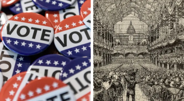 Left side shows "Vote" buttons in red, white, and blue. Right side depicts a historic illustration of a large assembly in a grand hall.
