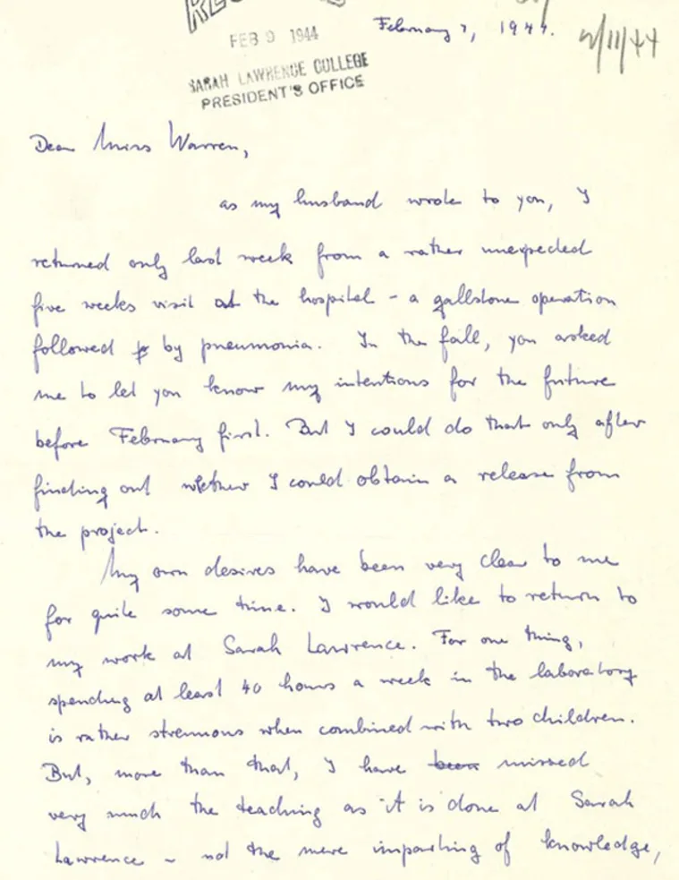 Typed letter dated February 7, 1944, from Sarah Lawrence College President’s Office, discussing a hospital stay and intention to return to work.