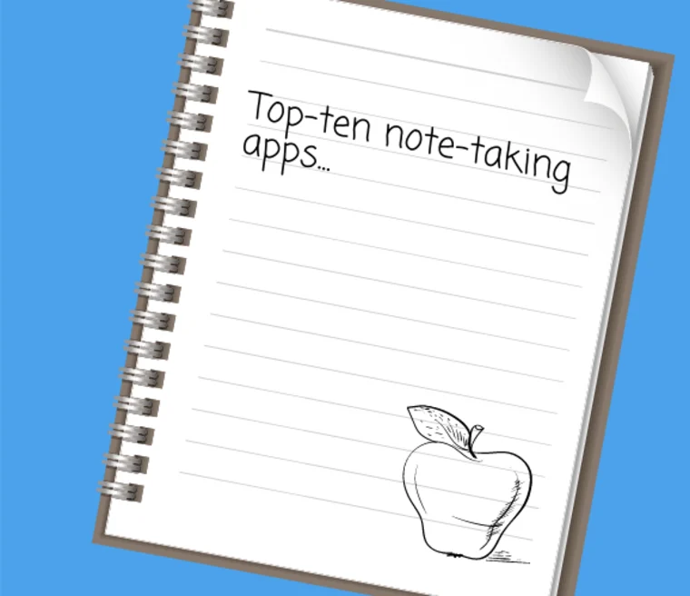 Spiral notebook on blue background with "Top-ten note-taking apps..." written on a page, accompanied by a drawing of an apple.