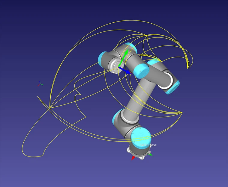 Robotic arm with multiple joints and blue accents displayed in a 3D modeling software against a dark blue background. Curved yellow lines indicate movement paths.