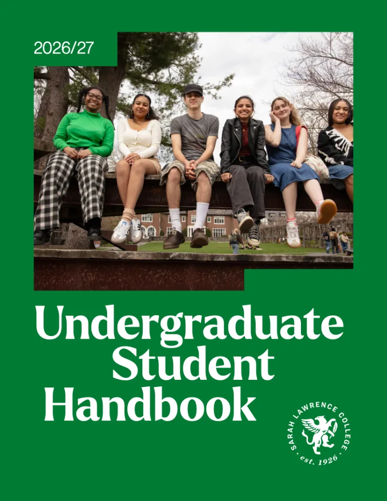 Six students sitting on a bench, smiling, with trees and a building in the background. Text: "Undergraduate Student Handbook 2026/27."