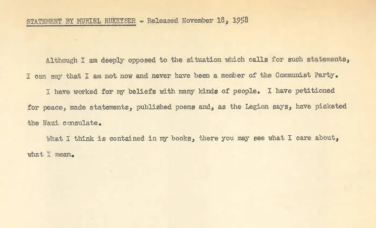 Typed statement by Muriel Rukeyser from November 18, 1958, denying membership in the Communist Party and affirming peace advocacy and published work.
