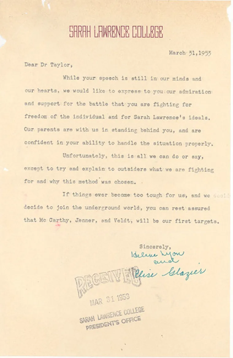 Typed letter from Sarah Lawrence College dated March 31, 1953, expressing support for Dr. Taylor. Handwritten signatures and "Received" stamp included.