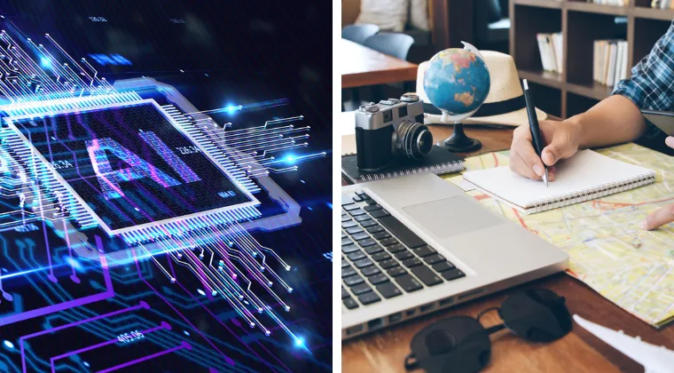 Split image: left shows a digital AI chip, right shows a person planning on paper with a laptop, globe, and camera.