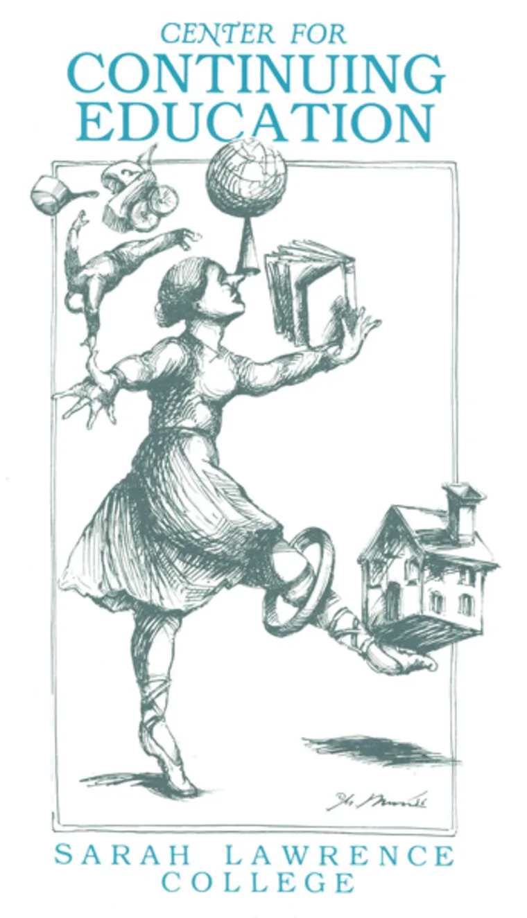 Person balancing objects: globe, book, house, cup. Text reads "Center for Continuing Education, Sarah Lawrence College."