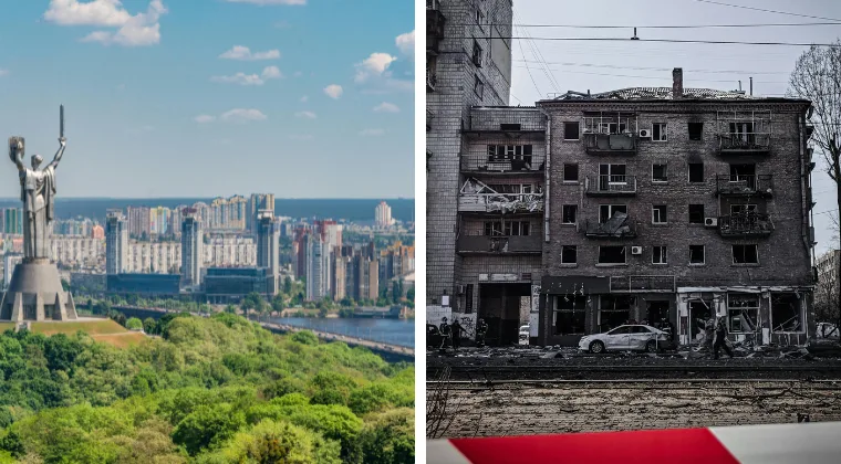 The left side shows a cityscape with a large statue, while the right side shows a damaged building with debris and a road barrier.