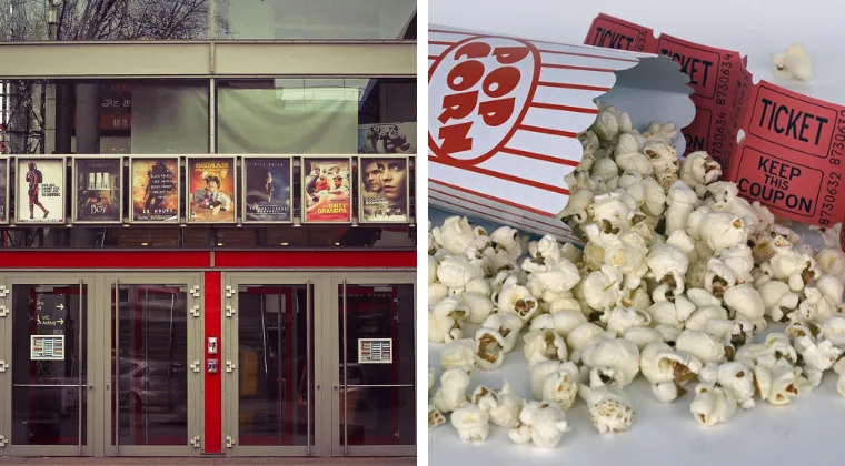 Movie theater entrance with posters above. Next to it, spilled popcorn from a striped container and three red tickets are visible.