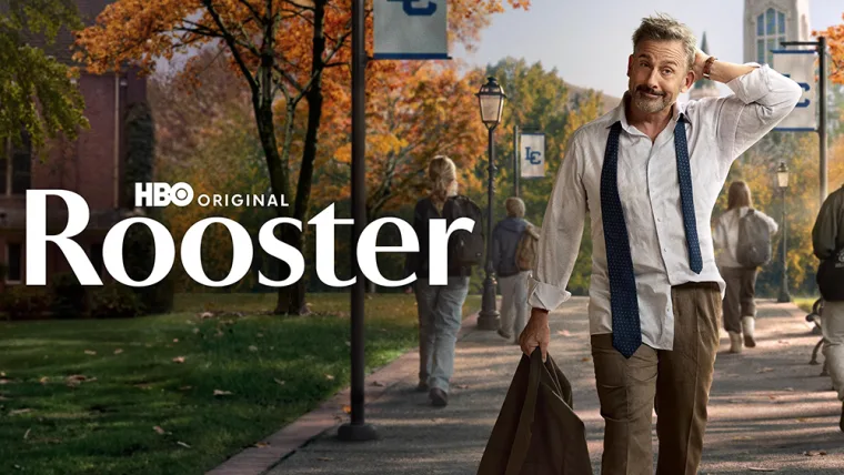 Person walking on a tree-lined campus path, loosening tie and holding a jacket, with "HBO Original Rooster" text overlaid.