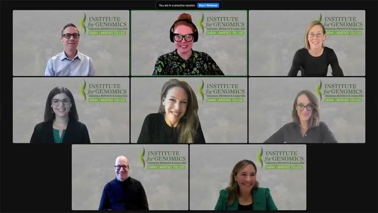 Eight people in a virtual meeting, each in a separate video frame, with "Institute for Genomics, Sarah Lawrence College" logos in the background.