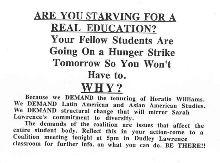 Students announce a hunger strike for educational reform and faculty diversity, urging attendance at a meeting at 5 pm in Dudley Lawrence.