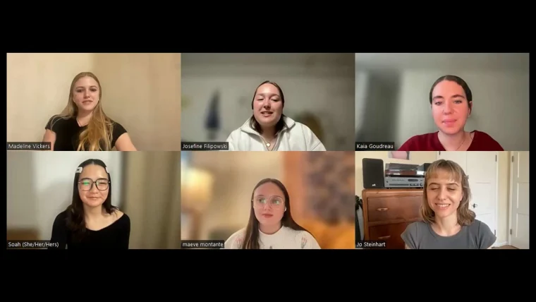Six people in a virtual meeting grid, each in their own frame, looking at the camera with neutral to smiling expressions.