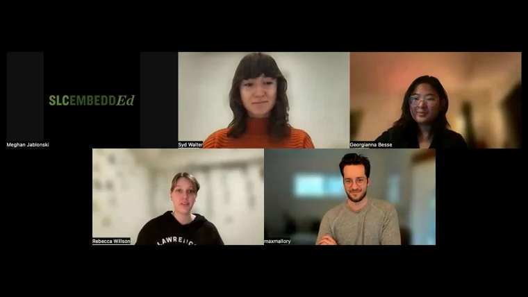A virtual meeting with five participants shown in separate frames, each in different environments. One frame has the text "SLCEMBEDDEd."