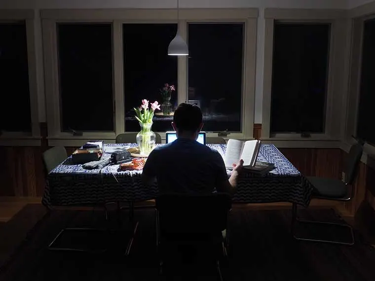 Person reading a book at a table, lit by a pendant lamp. A laptop and vase of flowers are on the table. Dark windows in the background.
