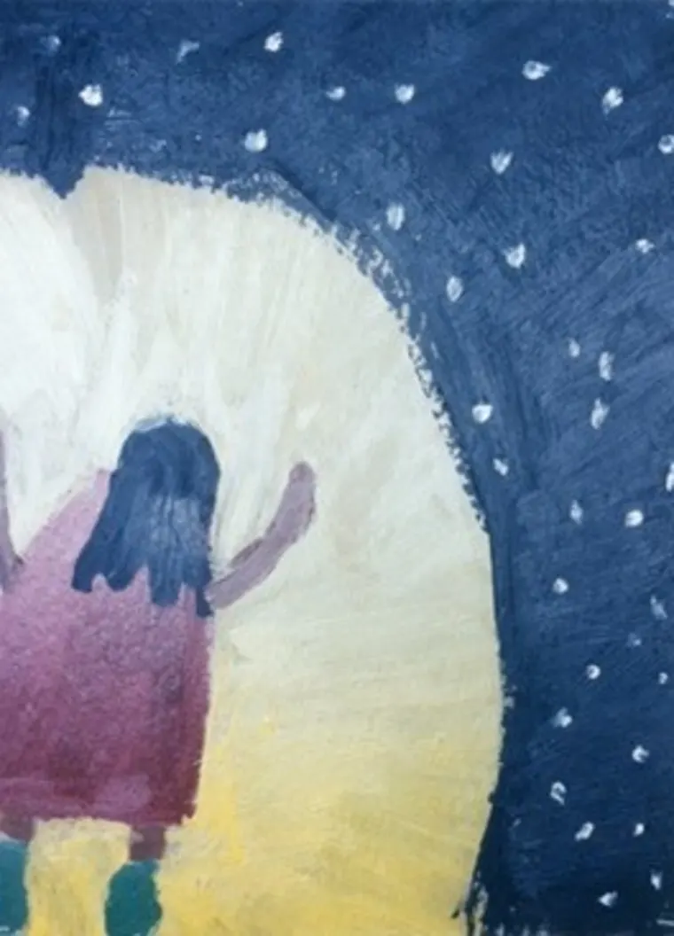 Painting of person with raised arms facing a starry night sky, standing in a glowing light.