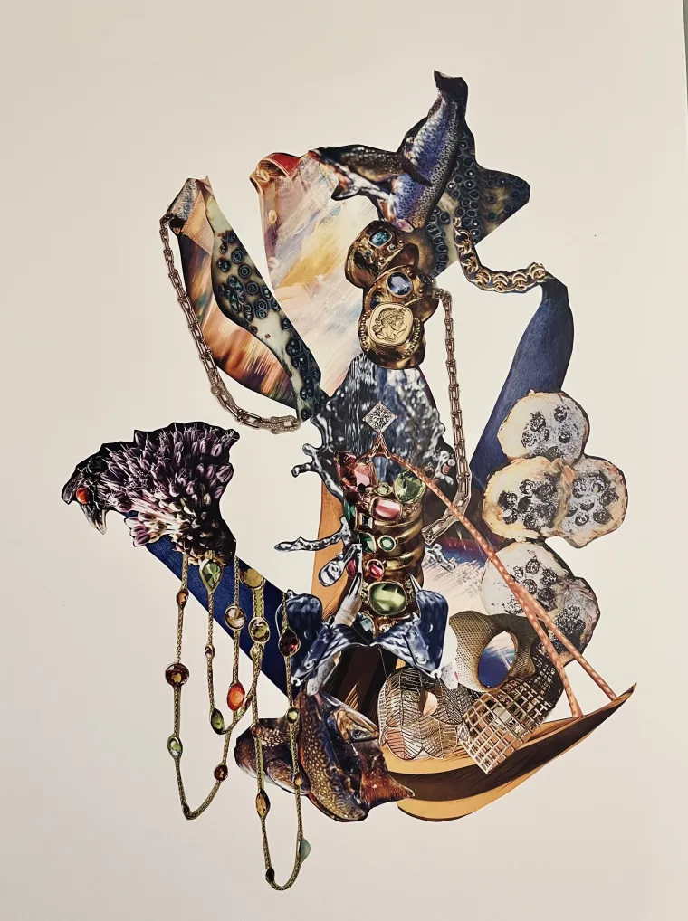 Abstract collage with various colorful textures, patterns, and objects, including chains, gems, and organic shapes, creating a dynamic composition.