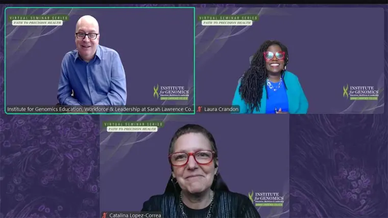 Three individuals on a video call for the Institute for Genomics Education's seminar series, with name tags and institute logos.