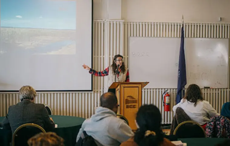 Person speaking at a podium with a projector screen displaying a landscape image. Audience seated at tables with a whiteboard in the background.