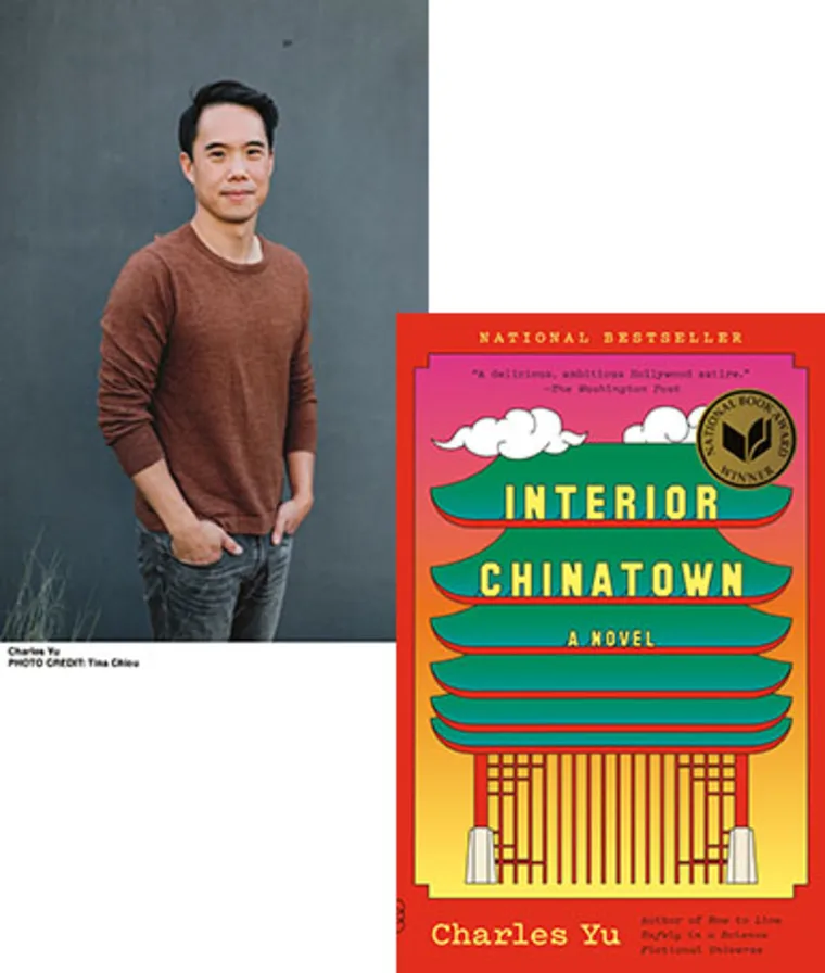 Person in a brown shirt smiling with arms at sides next to the cover of "Interior Chinatown" by Charles Yu, featuring a pagoda design.