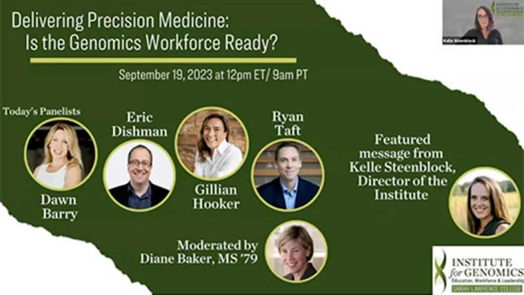 Webinar on genomics workforce readiness, featuring five panelists, moderated by Diane Baker, with a message from Kelle Steenblock, Institute Director.