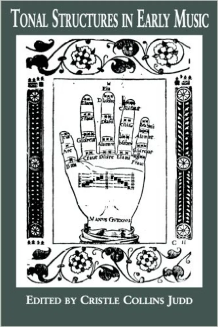 Book cover titled "Tonal Structures in Early Music" featuring an illustrated hand with musical notes and decorative floral borders.
