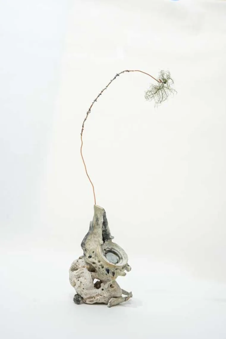 Sculpture with a rough, abstract base and a long, thin branch extending upward, ending in a small cluster of wispy leaves.