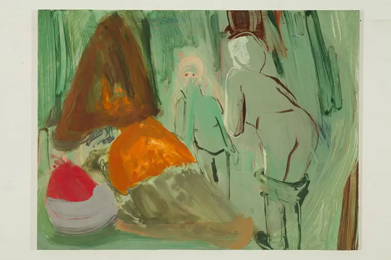 Abstract painting of figures interacting in a colorful, dynamic scene with shades of green, orange, and red, set against a blurred background.