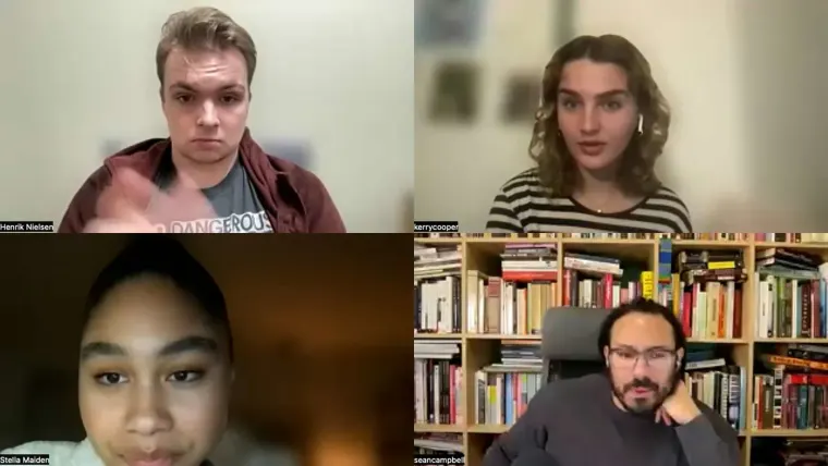 Four people in a video call grid. Top left wears a red shirt, top right a striped shirt, bottom left is in low light, bottom right sits by bookshelves.
