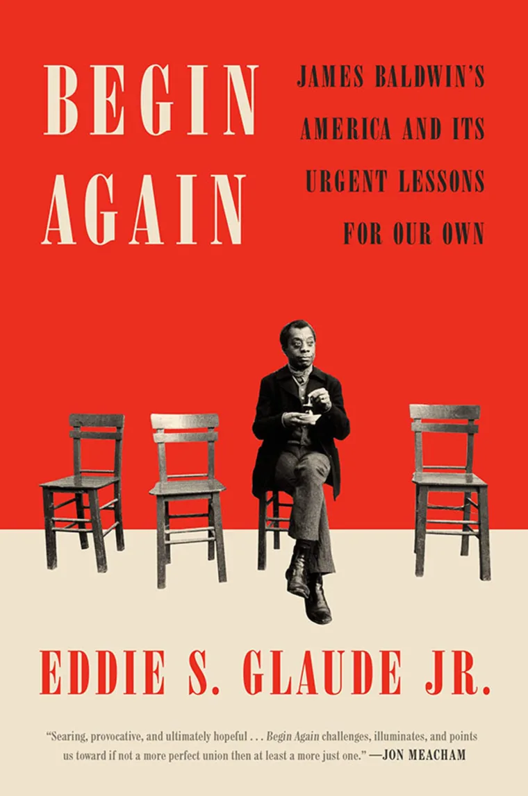 Book cover of "Begin Again" by Eddie S. Glaude Jr., featuring a person sitting among four chairs on a red and beige background.