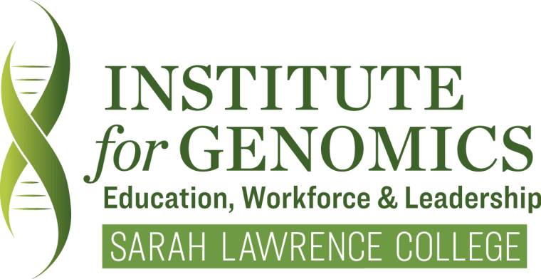 Logo of the Institute for Genomics with a DNA strand and text reading "Education, Workforce &amp; Leadership, Sarah Lawrence College."