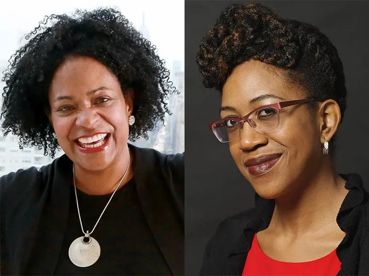 Two individuals smiling in side-by-side portraits. The person on the left has curly hair; the person on the right wears glasses and has styled hair.