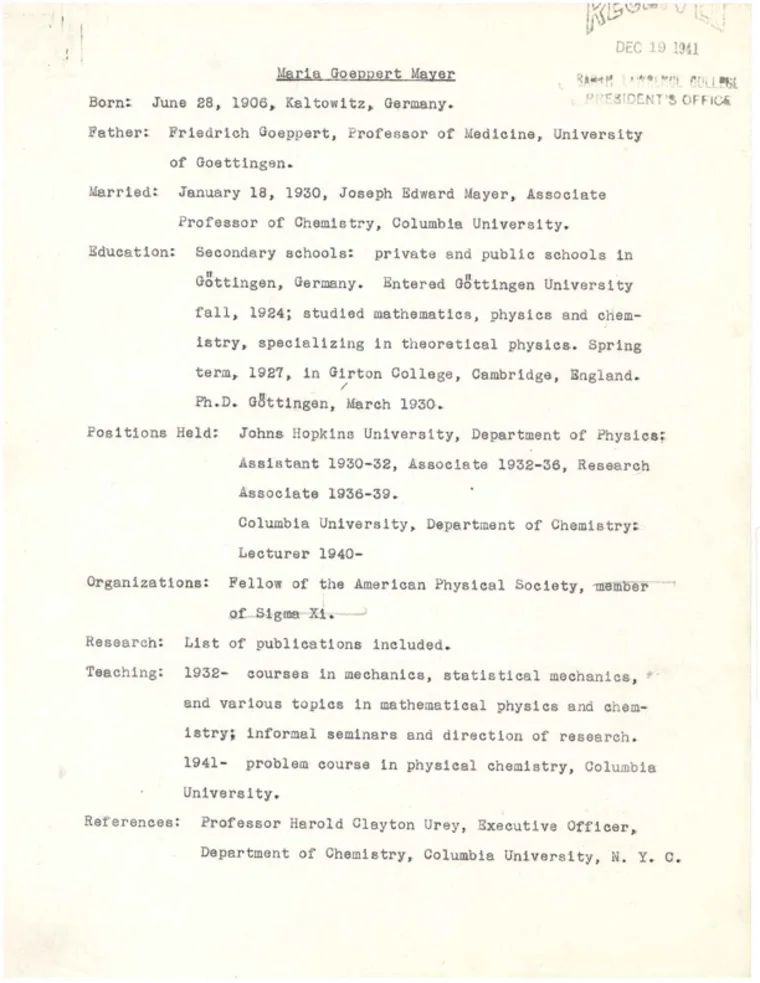 Typed biography of Maria Goeppert Mayer, detailing birth, marriage, education, career positions, research, and organizational affiliations.