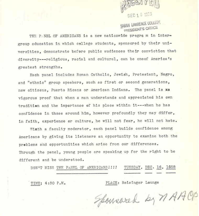 Typed document about "The Panel of Americans," a college program promoting diversity and understanding, sponsored by NAACP. Event: Dec 16, 1958.
