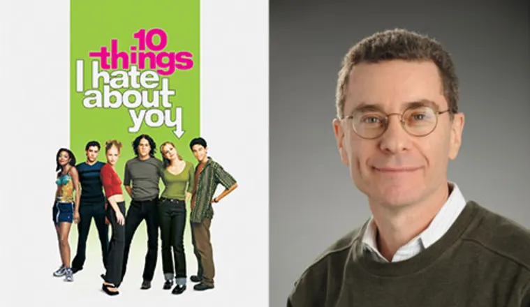 Split image with "10 Things I Hate About You" movie poster on the left and a person wearing glasses and a sweater smiling on the right.