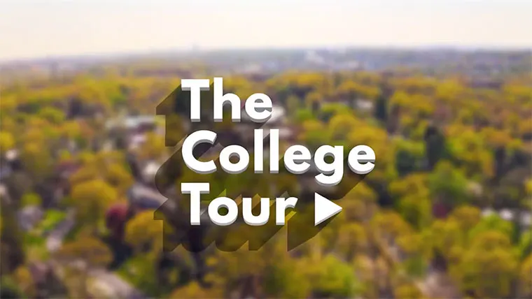 Text "The College Tour" overlays a blurred aerial view of a campus with trees.