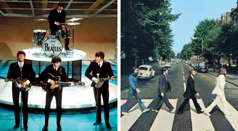 Two iconic images: a band performing on stage, and the same band crossing a street on a zebra crossing.